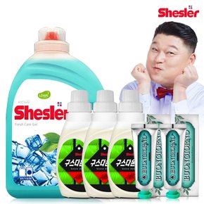 강호동의 쉬슬러 액상 세제 후레쉬 3.05L 1개+구스다운워시전용 650ml 3개+구취케어 치약100g 2개.