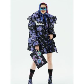 Floral Oversized Puffer Jacket With Silve PU