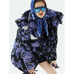 Floral Oversized Puffer Jacket With Silve PU