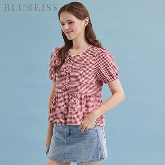  [블루레이스] 레이스 배색 체리 체크 블라우스_B5M1BL5781