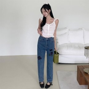 여자 미키마우스 프린팅 일자 데님 팬츠 바지 청바지