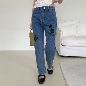 여자 미키마우스 프린팅 일자 데님 팬츠 바지 청바지