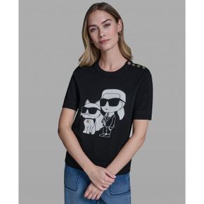 칼라거펠트 우먼 Petite Short-Sleeve 스웨터 - 블랙 소프트 화이트 26658962 1391154