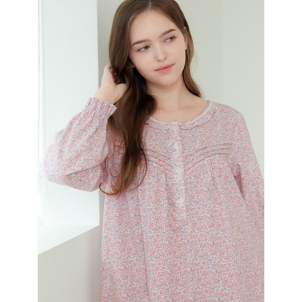 베이비핑크잔꽃 긴팔 약기모 순면 여성 빅사이즈 원피스 잠옷