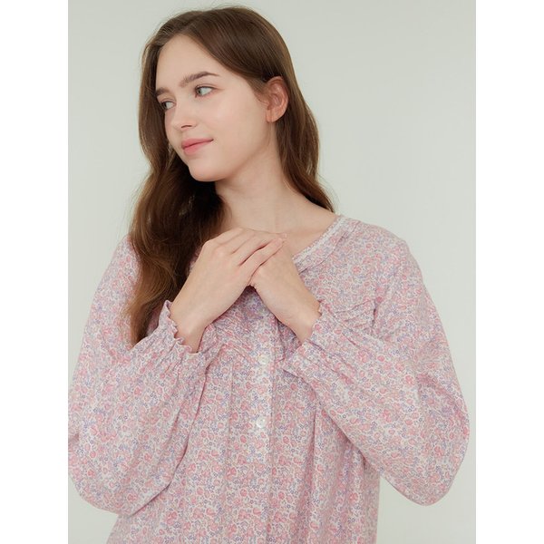 베이비핑크잔꽃 긴팔 약기모 순면 여성 빅사이즈 원피스 잠옷