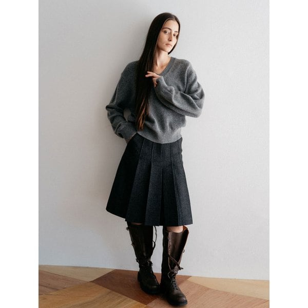 Herringbone Pleated Midi Skirt (2Colors)