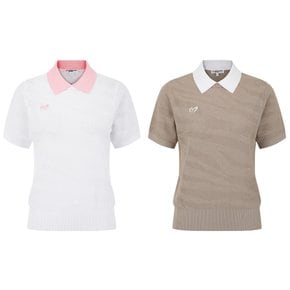 26S/S  여성 지브라 자카드 배색 카라 반팔 니트 (421F2SR406)