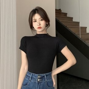여성 심플 데일리 플리나 모크넥 반팔 티셔츠