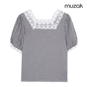 여성 레이스넥 체크 블라우스