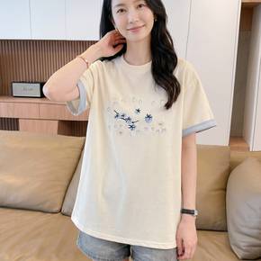 NT3390 여성 러블리 루즈핏 자수 포인트 라운드넥 반팔 티셔츠