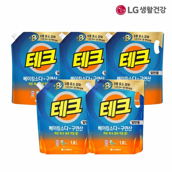 LG생활건강 테크 베이킹소다+구연산 액체세제(일반) 리필 2L*3개 +1.8L*2개