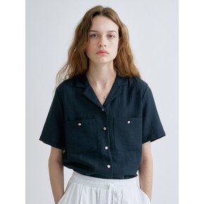 S Linen Open Collar Shirt_Dark Navy