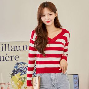 교복몰 긴팔 브이넥 레드 스트라이프 티셔츠 레트로_P356053636