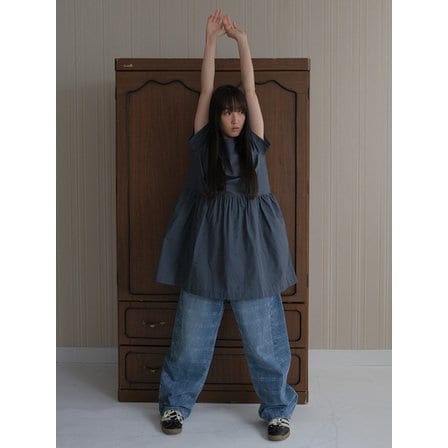 바니쉬먼트 Check shirring dress_blue navy