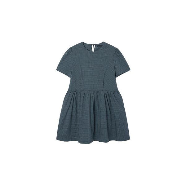 Check shirring dress_blue navy