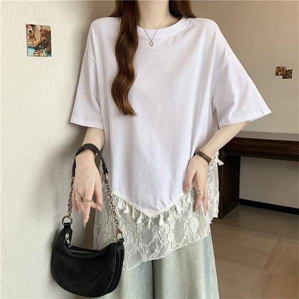 확대된 대표 나바바 / NT2802 여성 레트로 밑단 레이스 반팔 티셔츠