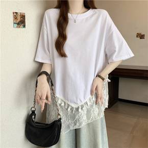 / NT2802 여성 레트로 밑단 레이스 반팔 티셔츠