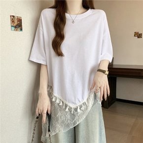 / NT2802 여성 레트로 밑단 레이스 반팔 티셔츠