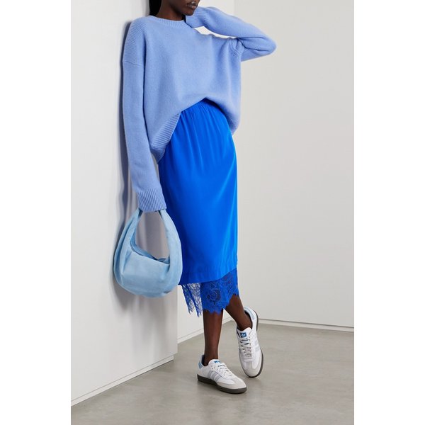 로레인 레이스 트리밍 실크 크레이프 드 신 미디 스커트 코발트 블루 1647597326190130