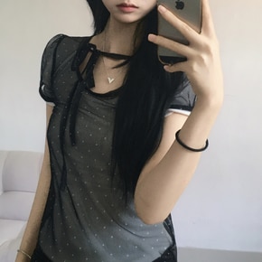 앙쥬 키치 도트 시스루 프릴 레이어드 셔츠3color