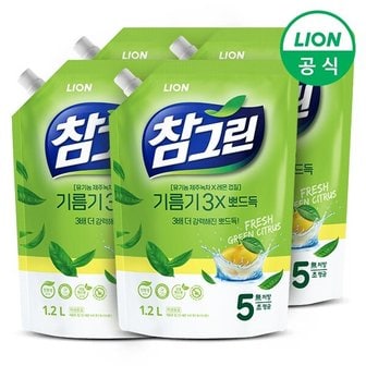 라이온 참그린 녹차 기름기 뽀드득 주방세제 1.2L리필 4개