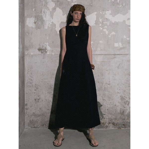 Linen Boat-Neck Pintucked Dress, Navy