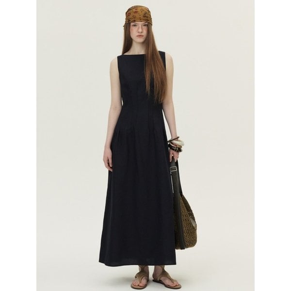 Linen Boat-Neck Pintucked Dress, Navy