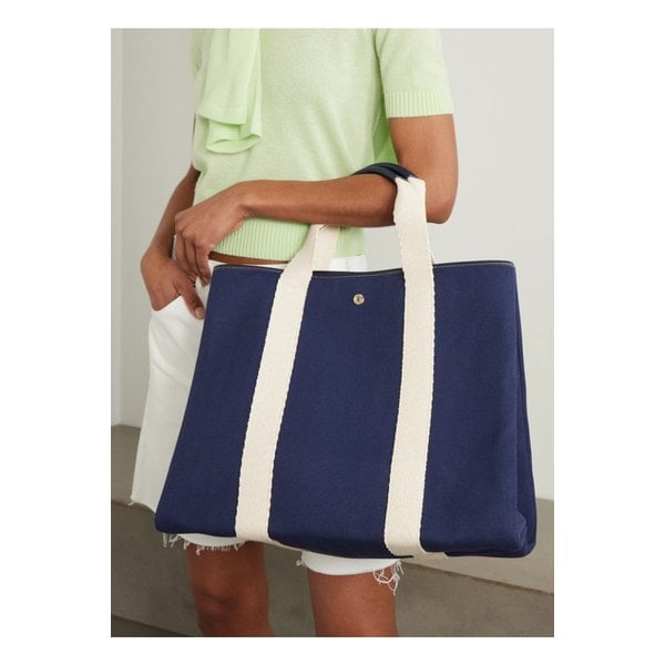 휘 드 베르누이 트라베르제 엑스라지 가죽 웨빙 트리밍 캔버스 토트 네이비 46376663162863571