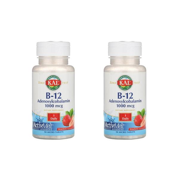 [해외직구] 칼 B-12 아데노실코발라민 딸기맛 1000mcg 90마이크로정 2팩 KAL B-12 Adenosylcobalamin Strawberry 1000 mcg 90 Micro Table