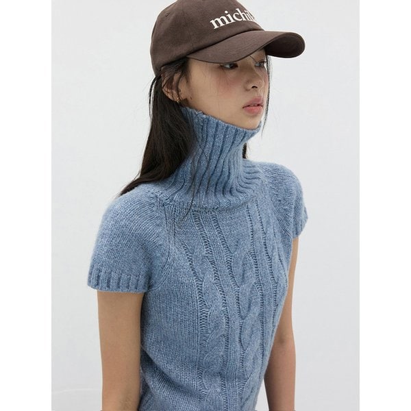 TURTLENECK CABLE WOOL KNIT MUTED BLUE