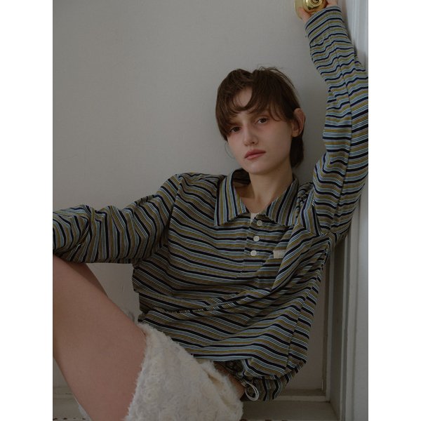 [리퍼브]STRIPE STRING COLLAR T-SHIRT_GREEN