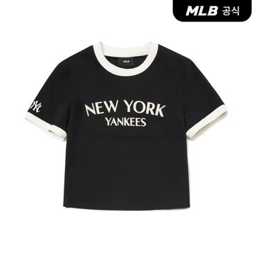 MLB [코리아공식] 여성 바시티 로고 슬림 크롭 반팔 티셔츠 NY (Black)