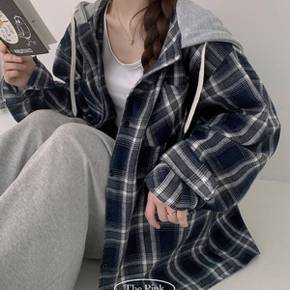 / 켈린 체크 포켓 오버핏 후드 셔츠 남방