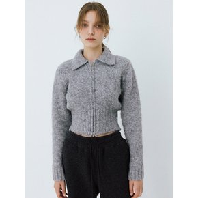 collar neck two way fluffy zip-up cardigan (m.grey)