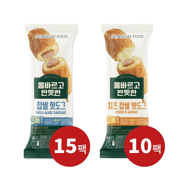 [본사배송]올바르고 반듯한 찹쌀 핫도그(80g*15개)+ 치즈 찹쌀 핫도그(80g*10개)