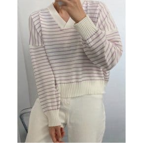 브이넥 데일리 스트라이프 긴팔 니트 WIBANT152_P354843296