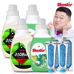 강호동의 쉬슬러 액상 세제 650ml 구스다운워시전용 2개+유칼립투스 2개+치석케어 치약 100g 2개.