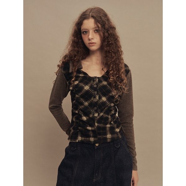 라비린스 체크 셔링 탑 카키