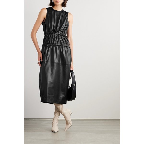 프로엔자슐러 티어드 주름 인조 가죽 미디 드레스 블랙 1647597317046158