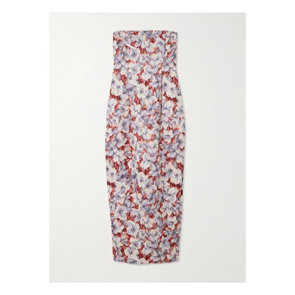 포세 로잘리 스트랩리스 플리츠 플로럴 프린트 리넨 미디 드레스 멀티컬러 46376663162895072