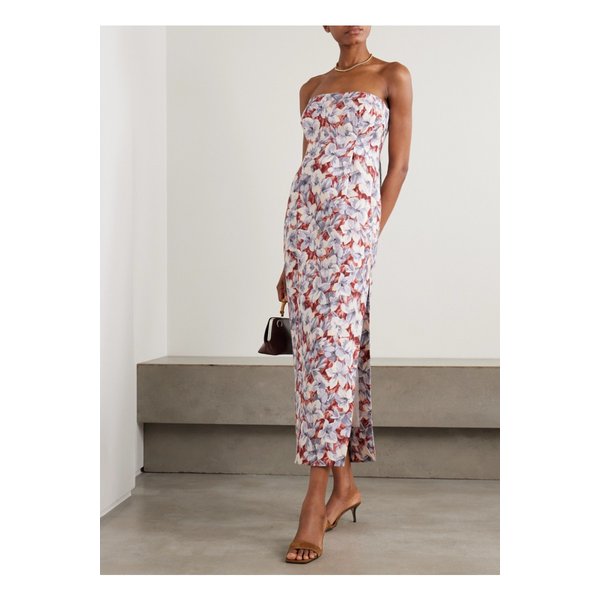 포세 로잘리 스트랩리스 플리츠 플로럴 프린트 리넨 미디 드레스 멀티컬러 46376663162895072