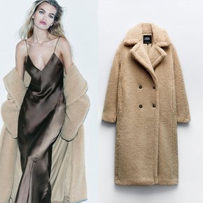 ZARA 여성 IMMITTED LAMBSKIN 엑스트라 롱 코트 베이지