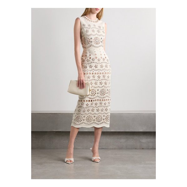 오스카 드 라 렌타 크리스털 장식 브로드리 앙글레즈 크레이프 미디 드레스 1647597332275343