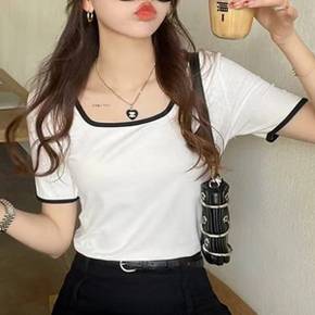 / NT2727 여성 1 + 1 골지 스퀘어넥 크롭 반팔 티셔츠