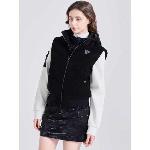 여성 샤이닝 후드 탈부착 다운 베스트 블랙