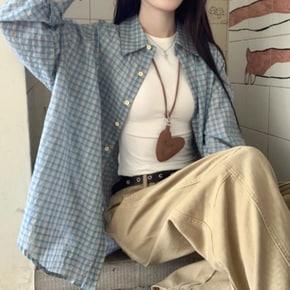 미니멀 여자 블루 체크 오버핏 카라넥 세츠 남방 셔츠 옷자락 심플