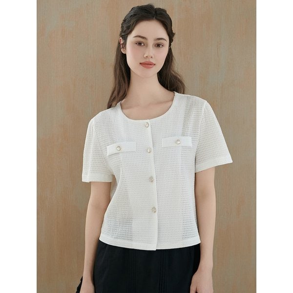 실버 버튼 반팔 자켓형 블라우스 (VMBAD2458)