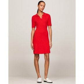 4650448 Tommy Hilfiger Cable Knit Knee Length Polo Sweater Dress - Fierce Red