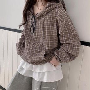 / 컨츄 아노락 체크 후드 스트링 하프 집업