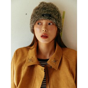 Hairy Knit Beanie Hat (Khaki)